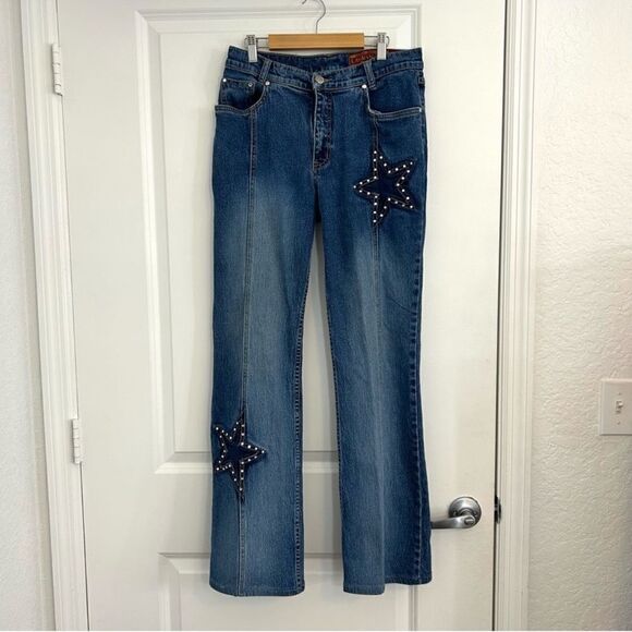Lawman Vintage 90s Western Slim Fit Boot Cut Star Rhinestone Medium Wash Jeans 9 - Picture 2 of 13